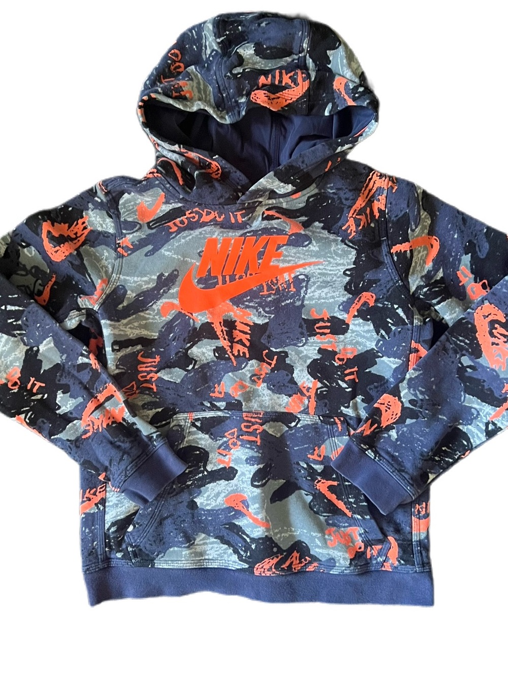 Nike Navy Camo Hoodie with Bright Orange Logo